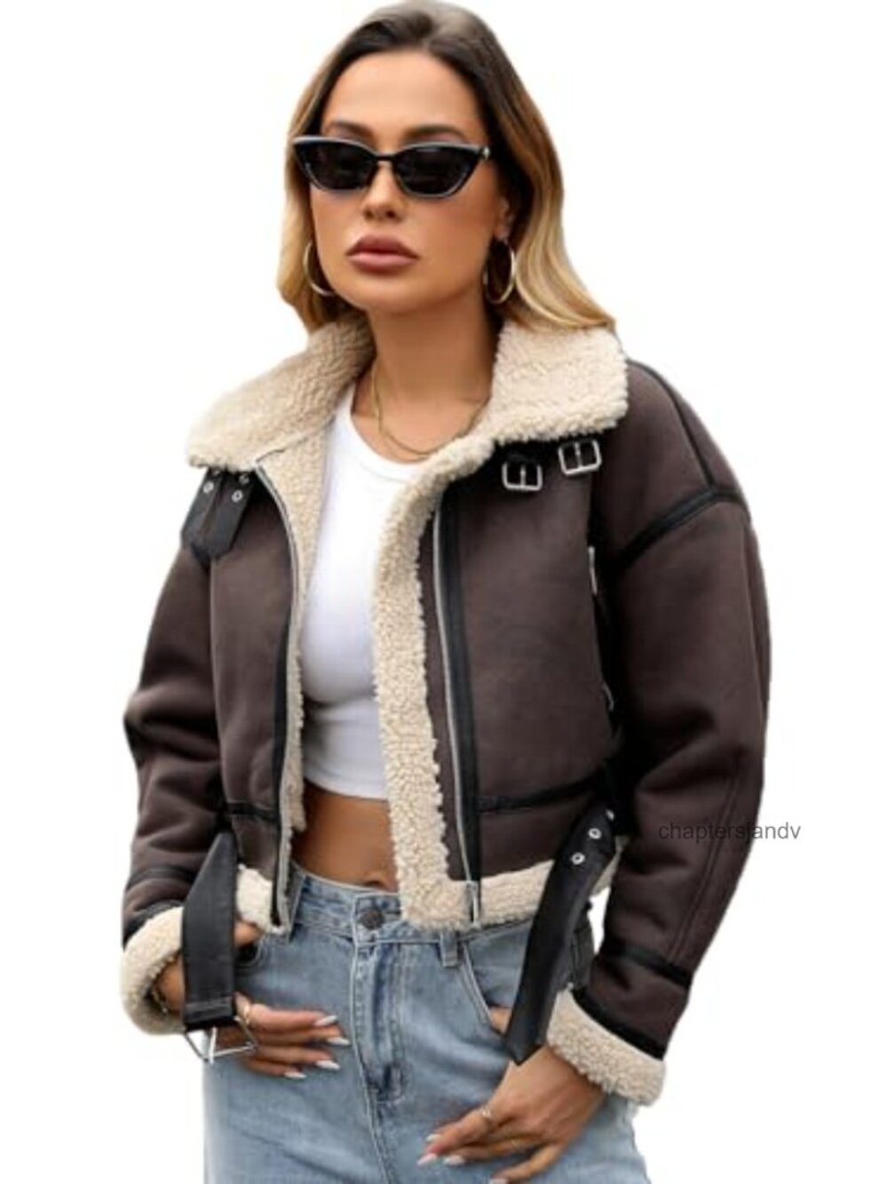 Faux Lamb Fur Leather Cropped Aviator Bomber Jacket